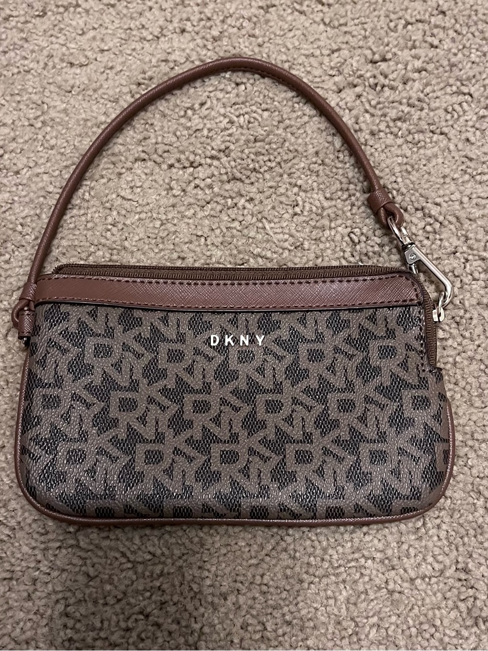 DKNY Brown Monogram Wristlet with Leather Trim
